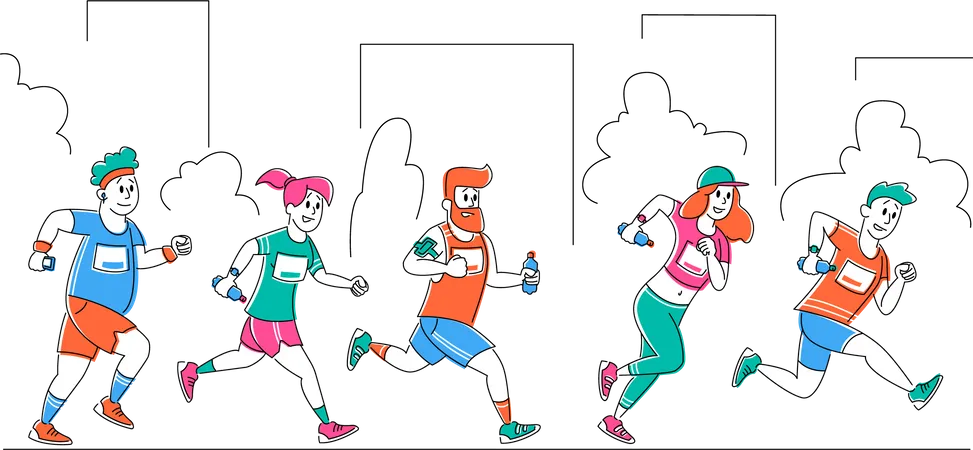 Group Of People Running City Marathon Distance In Row Sport And Jogging Competition Tournament Athlete Sprinter Sportsmen And Sportswomen Characters Run Sprint Race Linear Vector Illustration Illustration