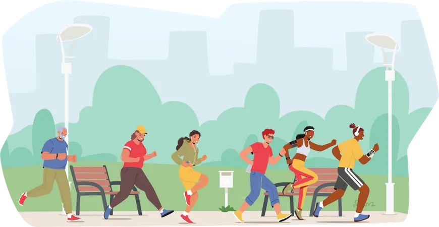 Energetic Characters Racing Through City Streets Their Determination And Stamina On Full Display As They Participate In A Thrilling And Challenging City Marathon Cartoon People Vector Illustration 일러스트레이션