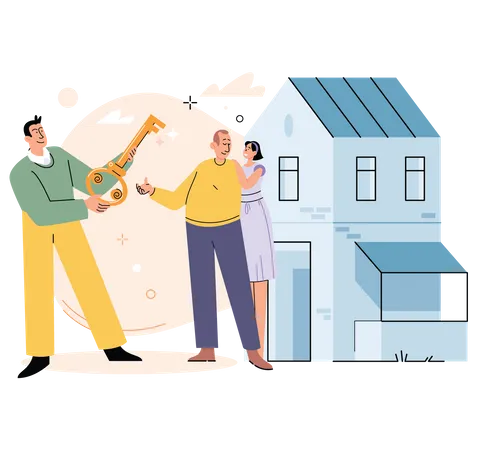 Concessionnaire immobilier et client voyant une maison à vendre  Illustration