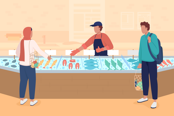 Illustration vectorielle de couleur plate du marché des fruits de mer  Illustration