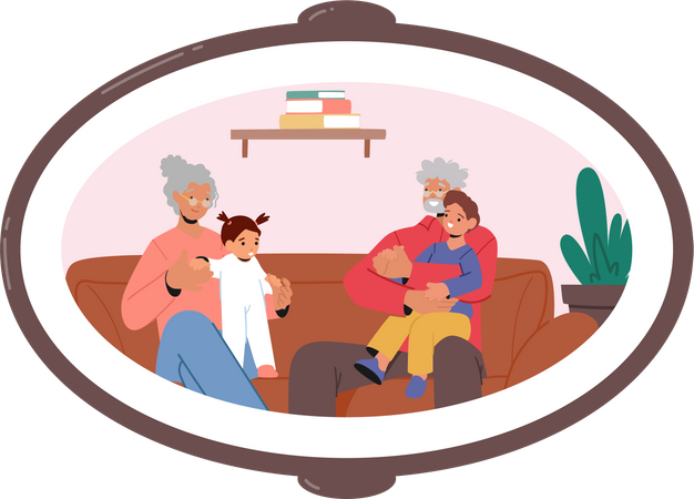 Marco de fotos familiar con los abuelos.  Ilustración