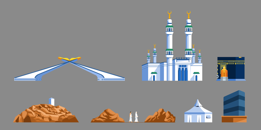 Ícone plano de referência do portão de Meca e rito de progresso do peregrino Hajj.  Ilustração