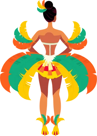 Back View Of Beautiful Young Female Wearing Feather Costume In Standing Pose Carnival Or Samba Dance Concept Illustration