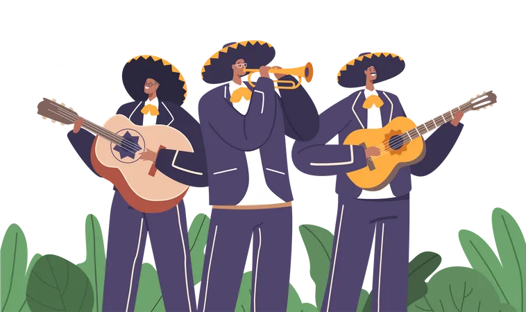 Mariachi Band Lively Ensemble Of Mexican Musician Characters In Traditional Charro Outfits Playing Trumpet Guitar And Guitarron Spreading Festive Melody Cheer Cartoon People Vector Illustration Illustration