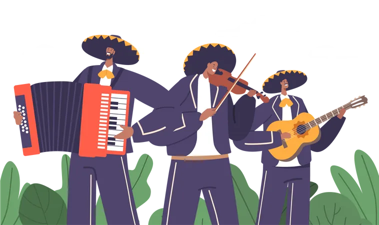 Mariachi Musicians Band Skilled Performers Donning Traditional Mexican Attire Playing Soulful Melodies With Guitar Accordion And Violin Evoking Spirit Of Celebration Cartoon Vector Illustration Illustration