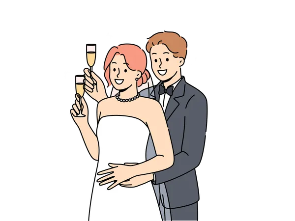 Un couple de mariage boit du vin ensemble  Illustration