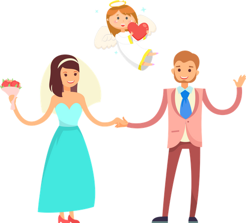 Couples de mariage et ange Cupidon, mariés  Illustration