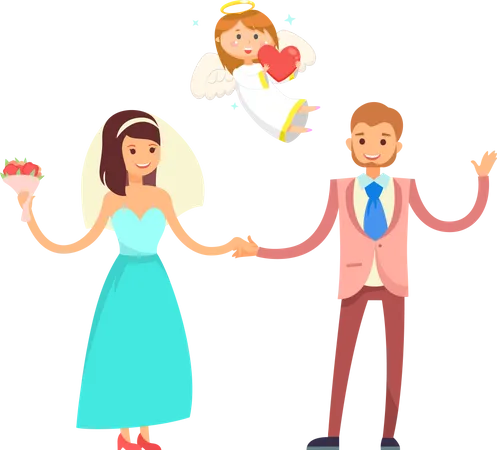 Couples de mariage et ange Cupidon, mariés  Illustration