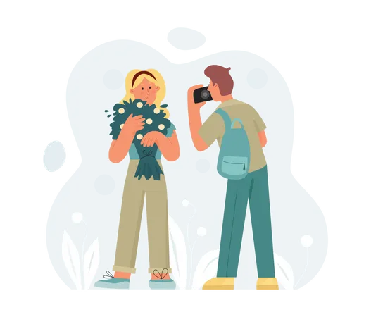Marido clicando na foto da esposa com flores  Ilustração