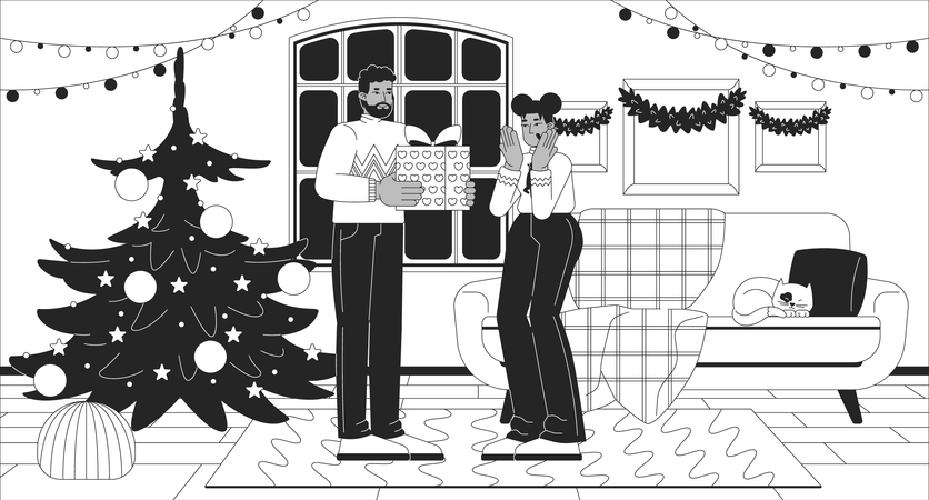 Marido dando presente de Natal para esposa  Ilustração