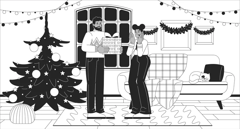 Marido dando regalo de Navidad a su esposa  Ilustración