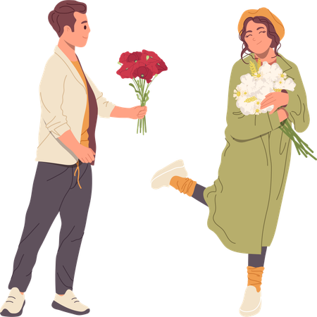 Marido está surpreendendo sua esposa com buquê de flores  Ilustração