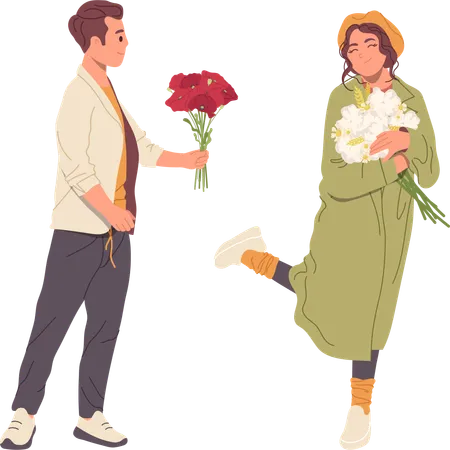 Marido está surpreendendo sua esposa com buquê de flores  Ilustração