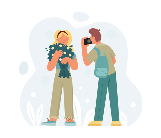 Marido haciendo clic en la foto de su esposa con flores  Ilustración