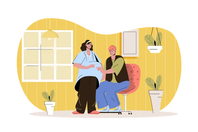 Marido toca el vientre de su esposa embarazada  Ilustración