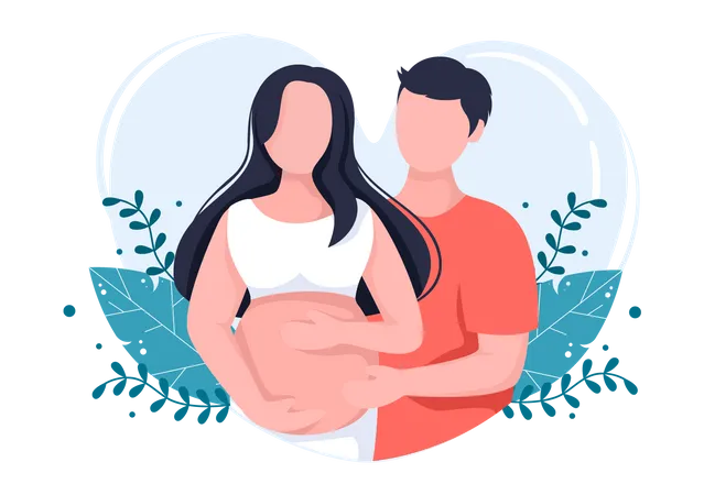 Mujer Embarazada Abrazando Su Vientre O Madre Esperando Al Bebe En Un Fondo De Estilo De Diseno De Dibujos Animados Planos De Hojas Ilustracion Vectorial Ilustración