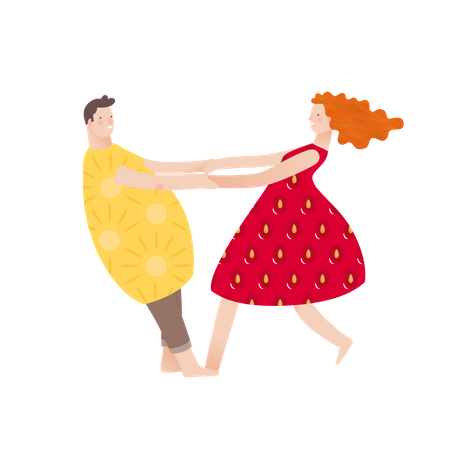 Marido y mujer bailando con vestido de frutas.  Ilustración