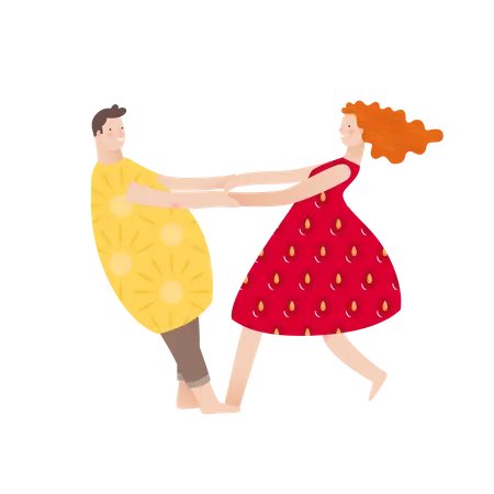 Marido y mujer bailando con vestido de frutas.  Ilustración