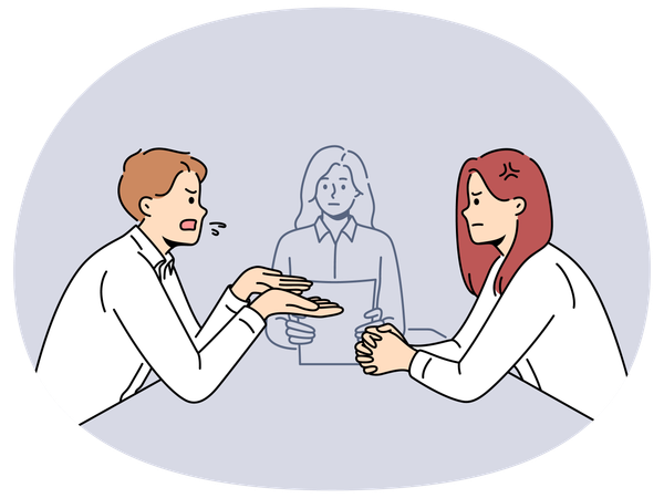Marido y mujer discutiendo en la oficina de abogados sobre su relación durante la solicitud de divorcio  Ilustración