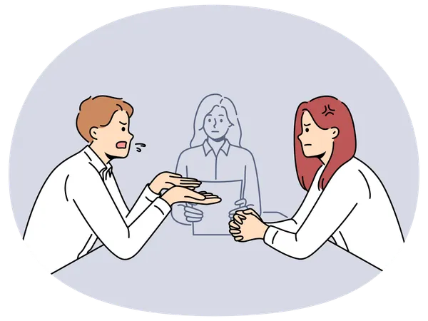 Marido y mujer discutiendo en la oficina de abogados sobre su relación durante la solicitud de divorcio  Ilustración