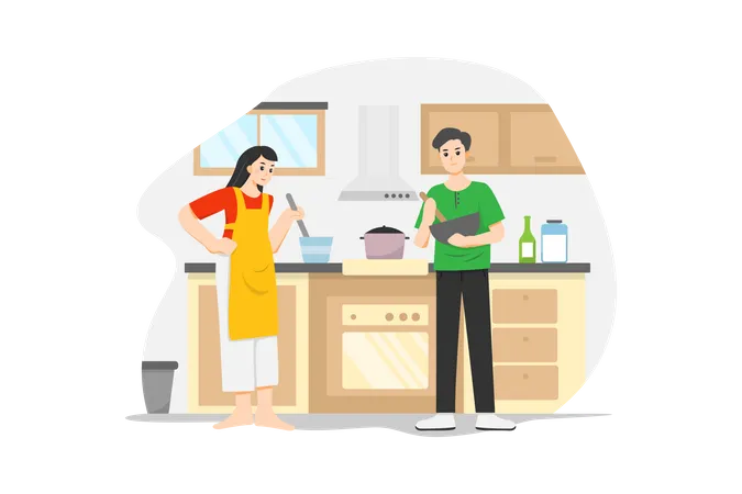 Marido y mujer cocinando  Ilustración