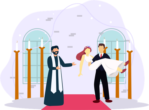 Marié portant la mariée le jour du mariage  Illustration