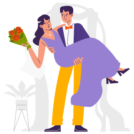 Le marié porte la mariée sur ses genoux  Illustration