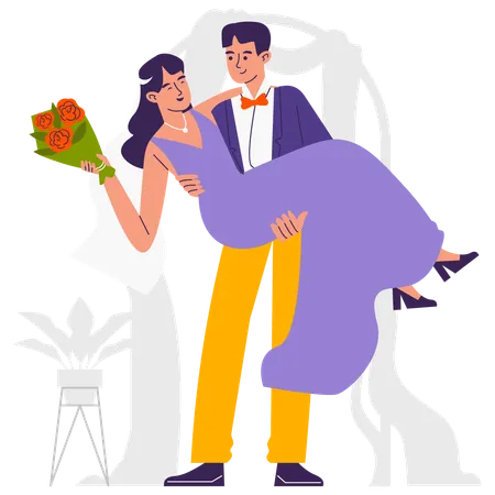 Le marié porte la mariée sur ses genoux  Illustration