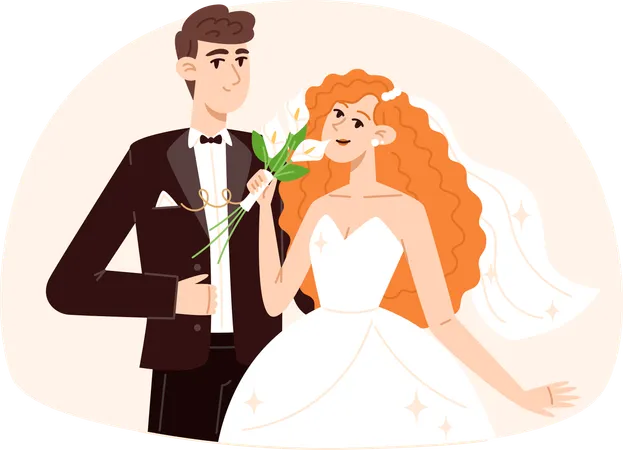 Mariée avec bouquet de fleurs et marié au mariage  Illustration