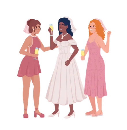 Mariée avec demoiselles d'honneur buvant du vin  Illustration