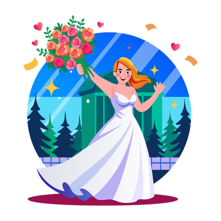 Mariée debout avec un bouquet de mariée  Illustration