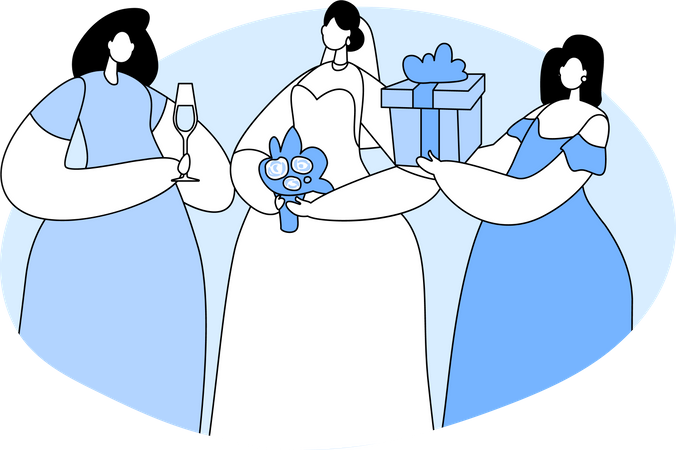Mariée en robe de mariée blanche debout avec demoiselle d'honneur  Illustration