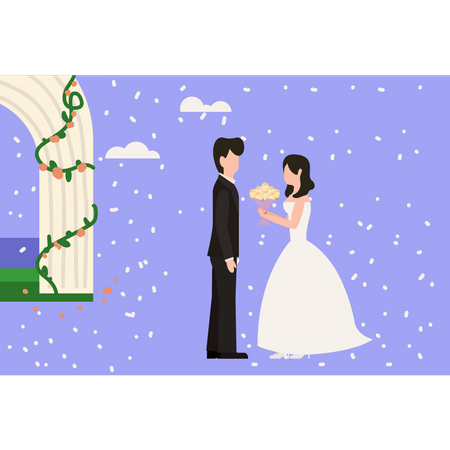 Mariée donnant un bouquet au marié  Illustration