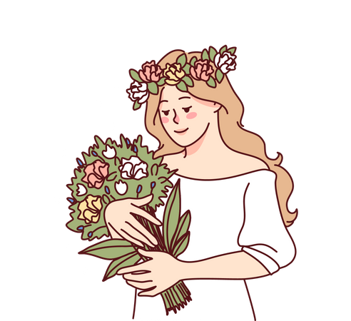 Mariée tenant un bouquet de fleurs  Illustration