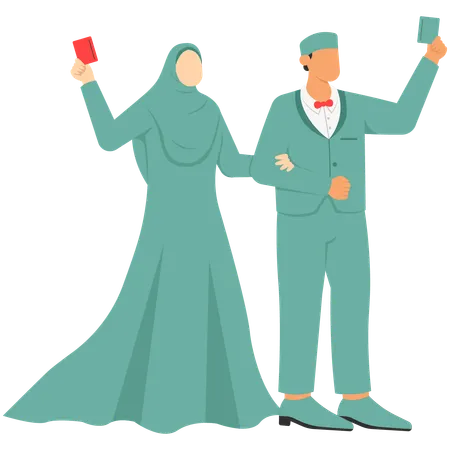 Un couple musulman montre un livre sur le mariage  Illustration