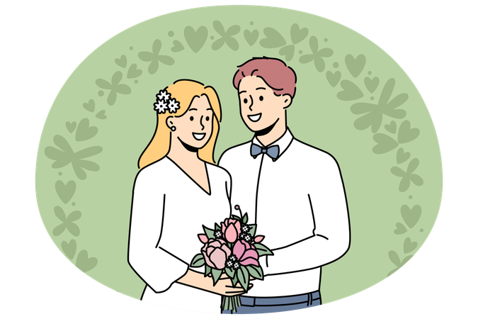 Mariés souriants près de l'arche de mariage  Illustration