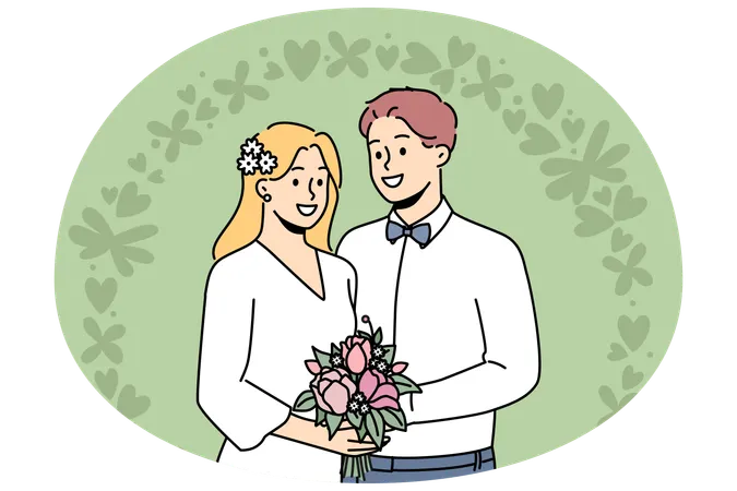 Mariés souriants près de l'arche de mariage  Illustration