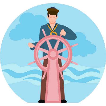 Marin tenant la roue du bateau  Illustration