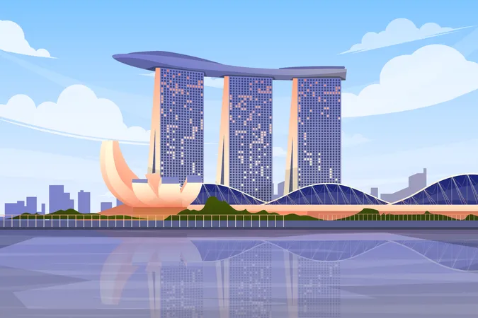 Hermosa Escena Con Marina Bay Sands En Singapur Uno De Los Famosos Simbolos De Atraccion Turistica Arquitectura Internacional Postal De Diseno De Monumentos O Cartel De Viaje Ilustracion Vectorial Ilustración