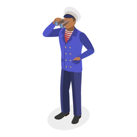 Marine captain find direction using telescope  Illustration