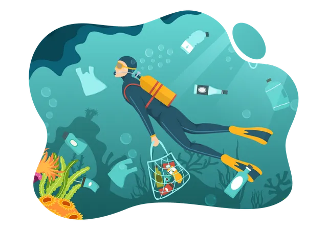 Pare A Ilustracao Vetorial De Poluicao Plastica Oceanica Com Lixo No Fundo Do Mar Como Um Saco De Lixo Lixo E Garrafa Em Modelos Desenhados A Mao De Desenhos Animados Planos Ilustração