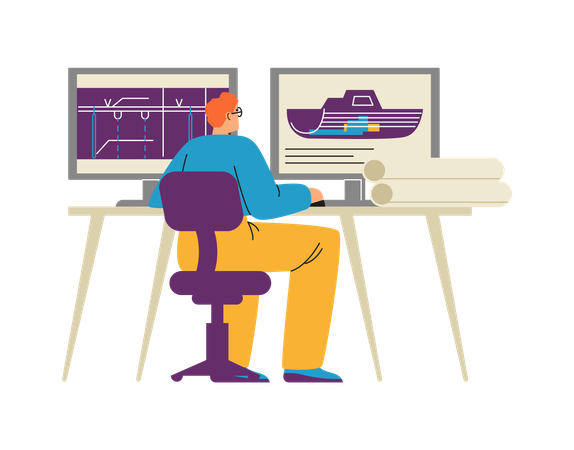 Marine engineer working at computer on ship diagrams  Illustration