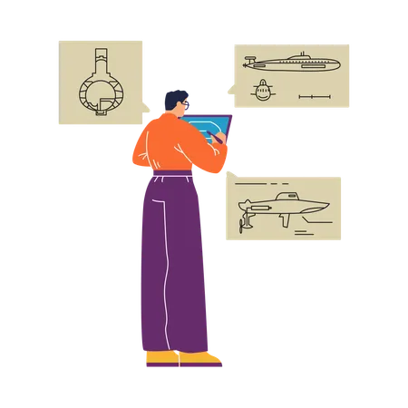 Marine engineer working on diagrams of ship  Illustration