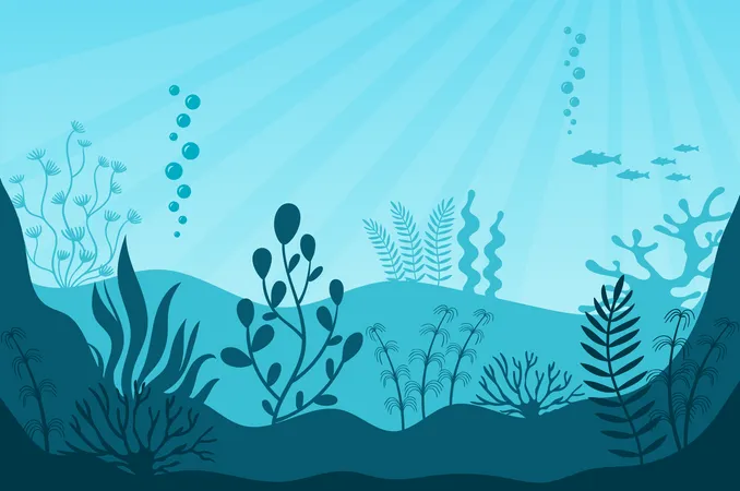 Marine Life Beautiful Marine Ecosystem And Wildlife On Bottom In Blue Ocean Underwater Sea Fauna With Coral Reef Seaweed Plants And Fishes Silhouettes Undersea World Vector Illustration Illustration