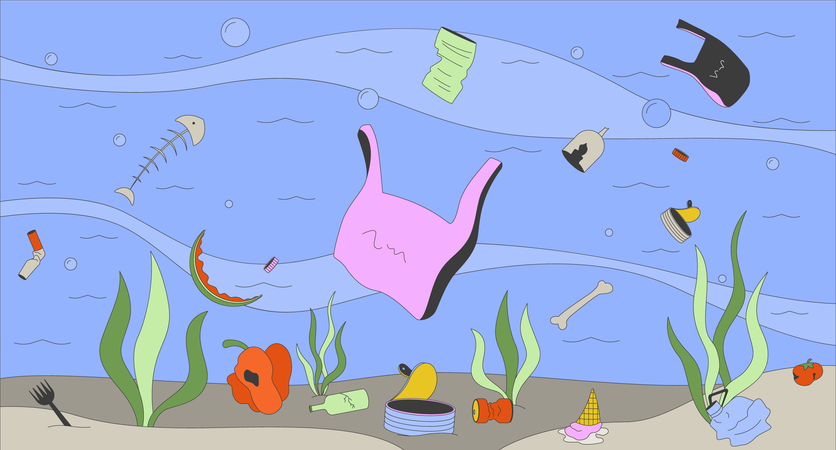 Marine litter floating underwater ocean  Illustration