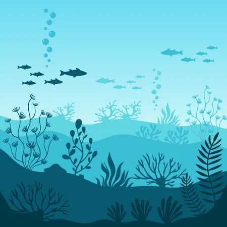 Marine Underwater Life Silhouette Of Coral Reef With Fishes On Bottom In Blue Sea Tropical Sea With Seaweed And Its Inhabitants Vector Illustration Beautiful Marine Underwater Wildlife Vector Illustration
