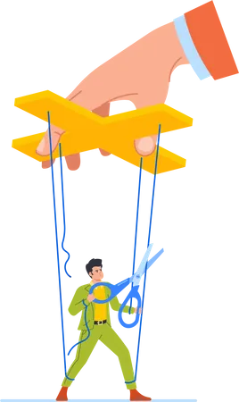 Marionette Employee Male Character Deftly Cuts Ropes Freeing From Strings Symbolizing Independence And Freedom Puppet Office Worker Escape From Manipulation Cartoon People Vector Illustration Illustration