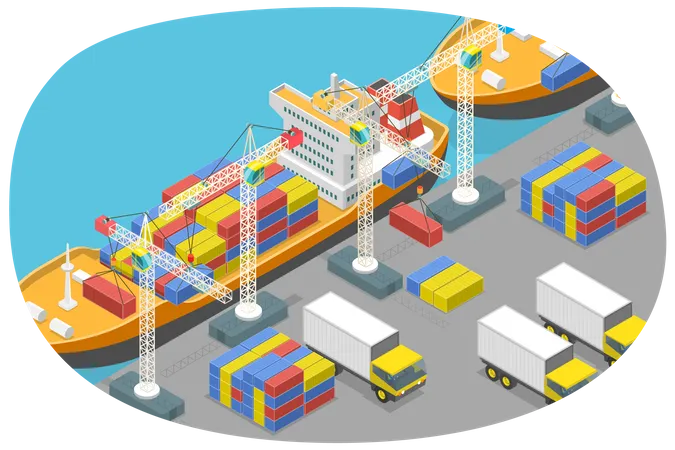 3 D Isometric Flat Vector Conceptual Illustration Of Maritime Port Transport Logistics Illustration