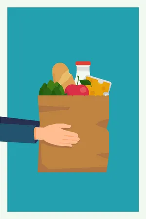 Market delivery service with hand holding shopping bag full of shopping items and goods  Illustration