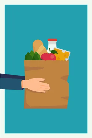 Market delivery service with hand holding shopping bag full of shopping items and goods Illustration